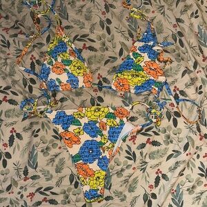 Floral Bikini Set with Blue and Orange Accents